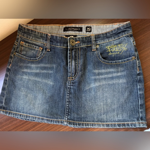 Ed Hardy Blue Denim Mini Skirt with Yellow Logo - Picture 2 of 8